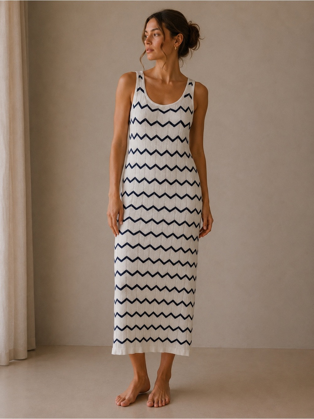 LOFT White Navy Chevron Stripe Sleeveless Knit Maxi Dress w/Lining Sz XL